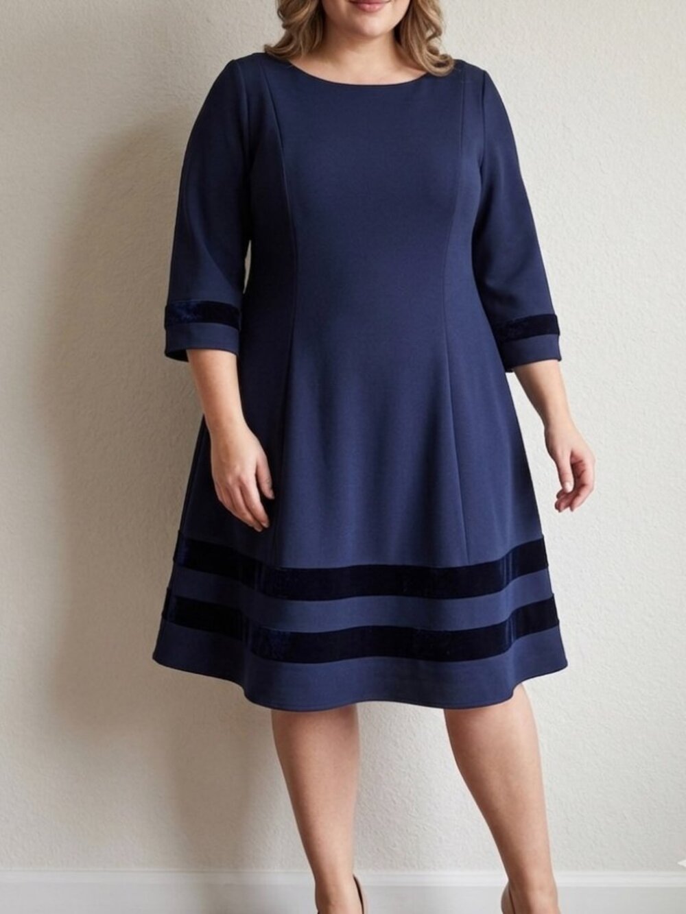 Jessica Howard Navy Blue Fit & Flare Dress Velvet Trim Sz 16W Party Lux Office